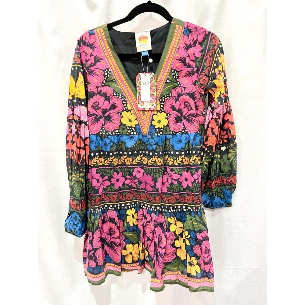 Farm Rio Anthropologie Womens  XS  Floral Puff Sleeve Mini Dress NWT $190